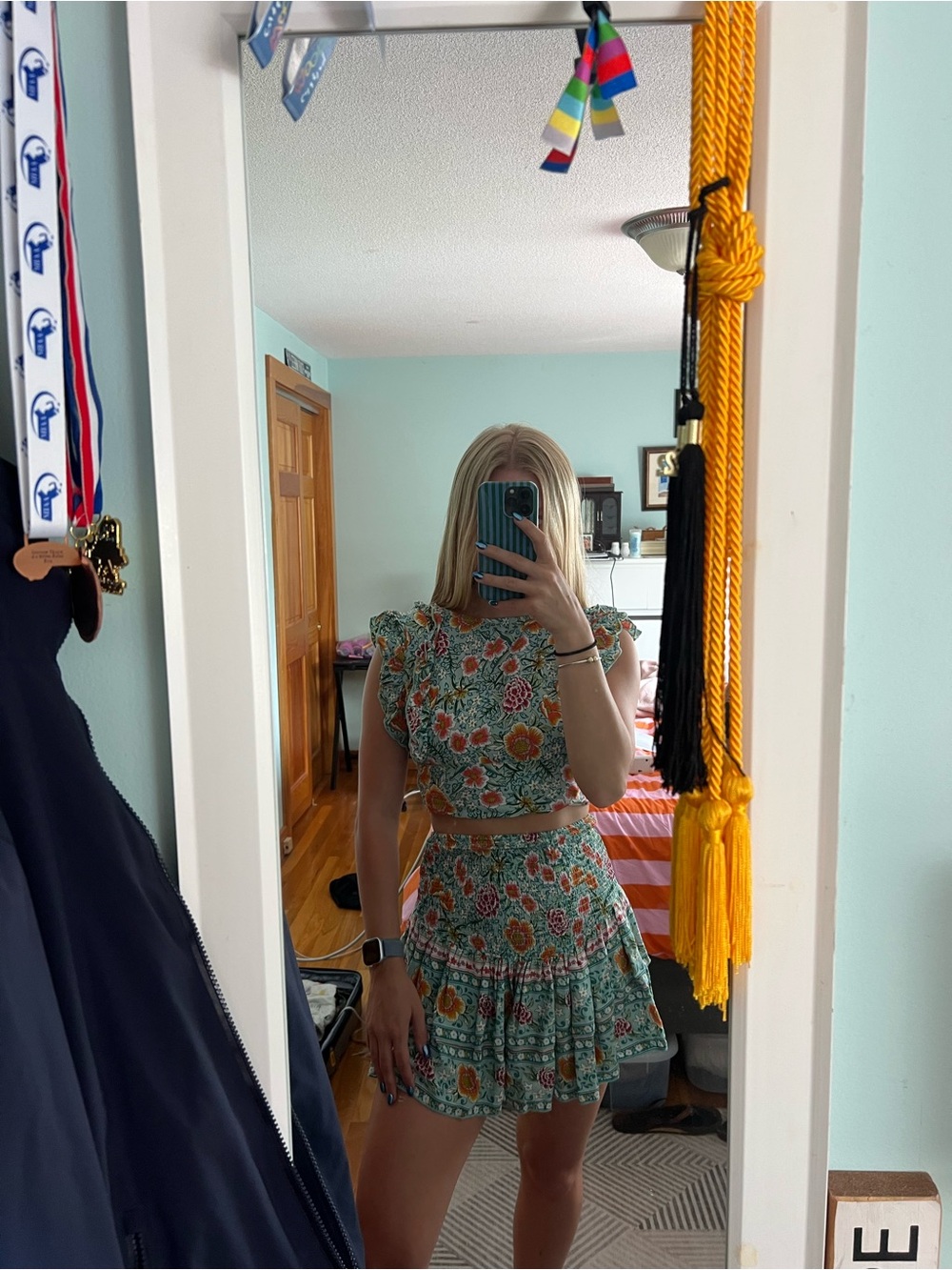 Floral Two Piece Skirt Set Green Orange Boho Cottagecore